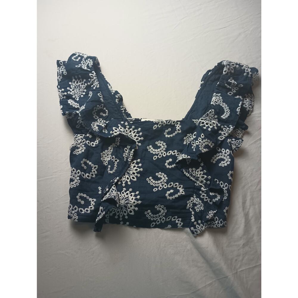 DO + BE Embroidered Navy Cropped top Women Size Small Smocked Ruffles